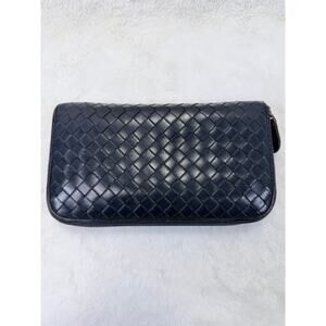 Bottega Veneta Intrecciato Zip Around Wallet Navy Leather Luxury Italy